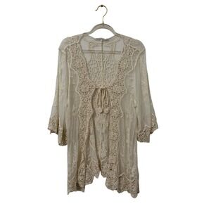 Whimsical Sheer Mesh Crochet Retro Boho Duster M Festival 70s Indie Fairy